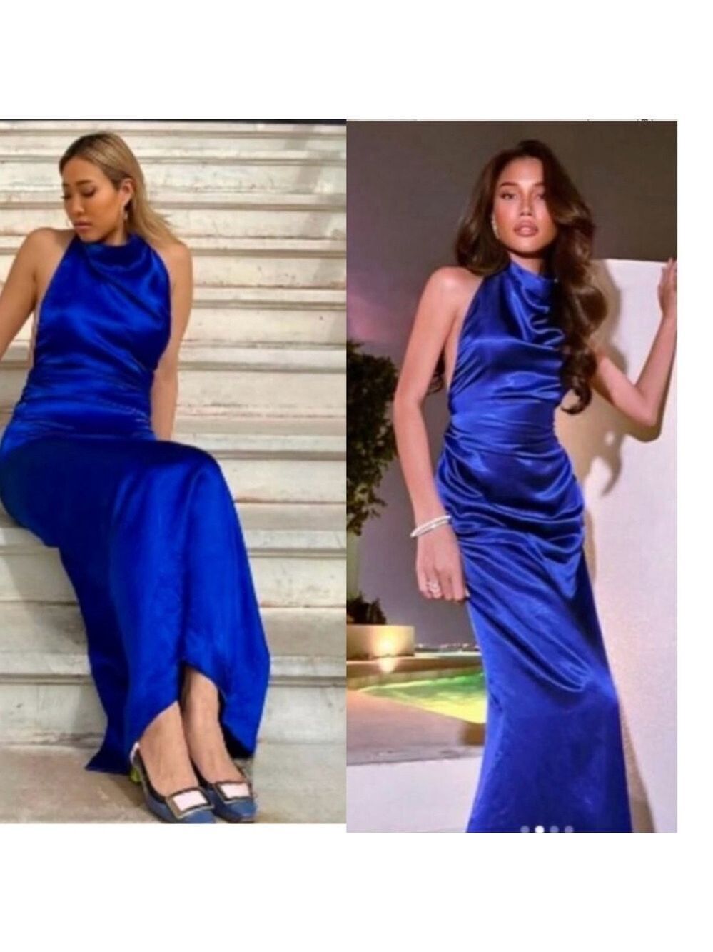 Zara women collection blue wrinkle satin effect open back halter top maxi dress - Picture 4 of 14